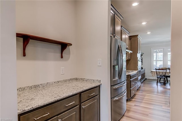 3609 Wesley Point Dr, Browns Summit, NC 27214 - kitchen with stainless steel refrigerator with ice dispenser, open shelves, dark brown cabinetry, light wood-style floors, and recessed lighting
