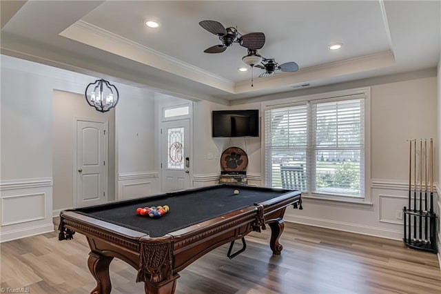 3609 Wesley Point Dr, Browns Summit, NC 27214 - recreation room featuring a raised ceiling, a ceiling fan, a decorative wall, light wood-style flooring, and pool table