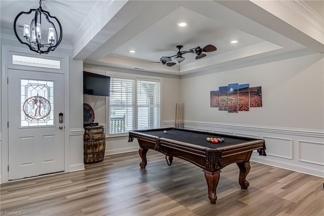 3609 Wesley Point Dr, Browns Summit, NC 27214 - playroom featuring a chandelier, crown molding, light wood-style floors, billiards table, and a decorative wall