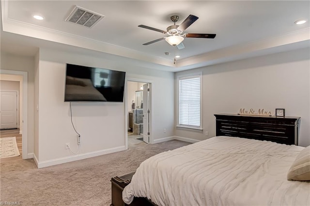 3609 Wesley Point Dr, Browns Summit, NC 27214 - bedroom featuring a tray ceiling, carpet floors, crown molding, recessed lighting, and a ceiling fan