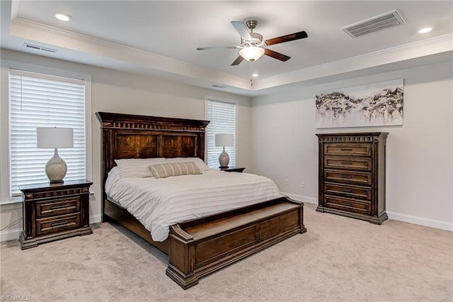 3609 Wesley Point Dr, Browns Summit, NC 27214 - bedroom with a raised ceiling, ornamental molding, light colored carpet, recessed lighting, and a ceiling fan