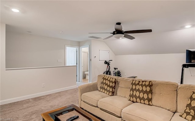 3609 Wesley Point Dr, Browns Summit, NC 27214 - carpeted living area featuring a ceiling fan, lofted ceiling, and recessed lighting