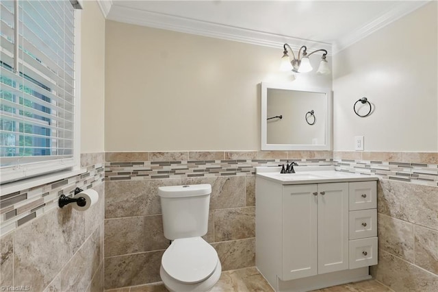 4624 Circle Dr, Winston-Salem, NC 27105 - bathroom with ornamental molding, tile walls, vanity, and a wainscoted wall