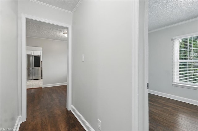 4624 Circle Dr, Winston-Salem, NC 27105 - corridor featuring a textured ceiling, dark wood-style flooring, and crown molding