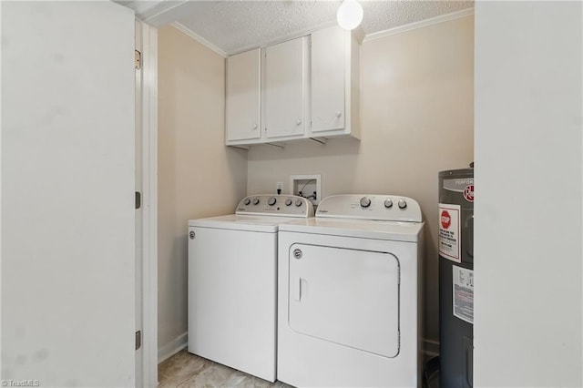 4624 Circle Dr, Winston-Salem, NC 27105 - washroom with cabinet space, washing machine and clothes dryer, water heater, ornamental molding, and a textured ceiling