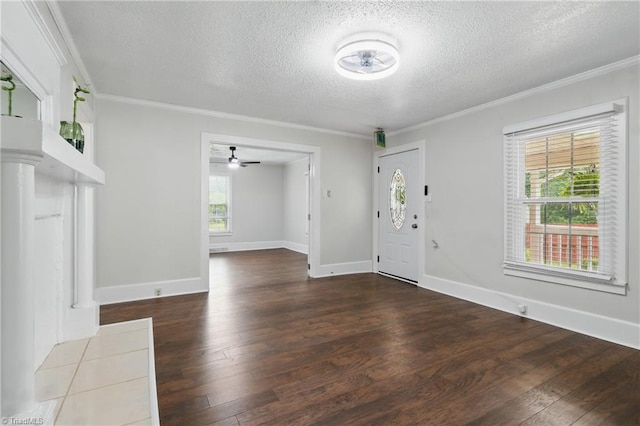 4624 Circle Dr, Winston-Salem, NC 27105 - unfurnished living room with a textured ceiling, hardwood / wood-style floors, crown molding, and a ceiling fan