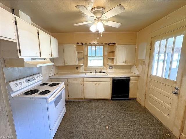 200 N 9th Ave, Mayodan, NC 27027 - kitchen with white range with electric stovetop, dishwasher, open shelves, dark floors, and light countertops