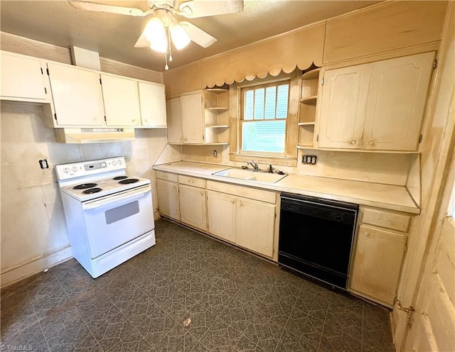 200 N 9th Ave, Mayodan, NC 27027 - kitchen featuring white range with electric stovetop, dishwasher, open shelves, under cabinet range hood, and light countertops