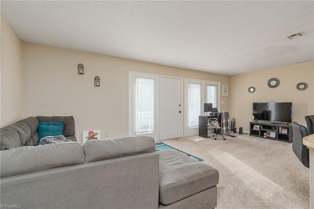 carpeted living room featuring a textured ceiling