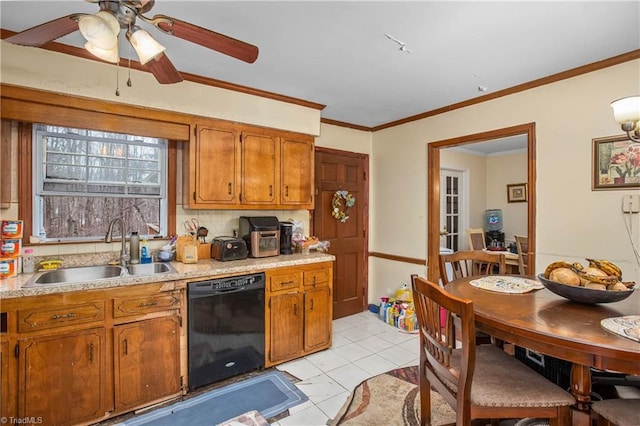 kitchen with black dishwasher, crown molding, light countertops, brown cabinetry, and a sink