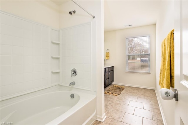 bathroom featuring washtub / shower combination, vanity, and tile patterned flooring