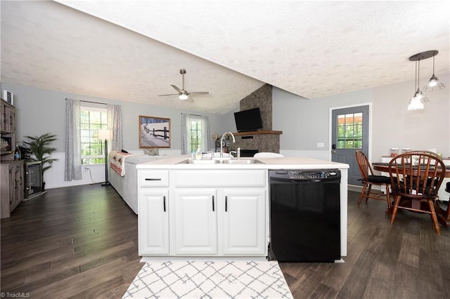 kitchen featuring a sink, dark wood finished floors, a textured ceiling, and dishwasher