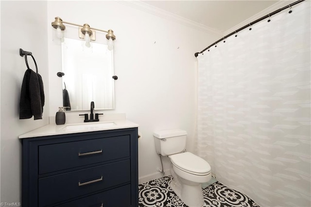 full bath with vanity, ornamental molding, toilet, tile patterned floors, and a shower with curtain