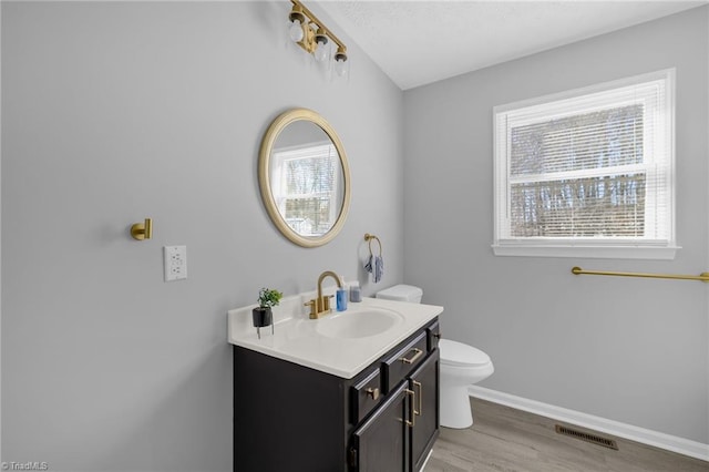 bathroom with hardwood / wood-style flooring, vanity, and toilet