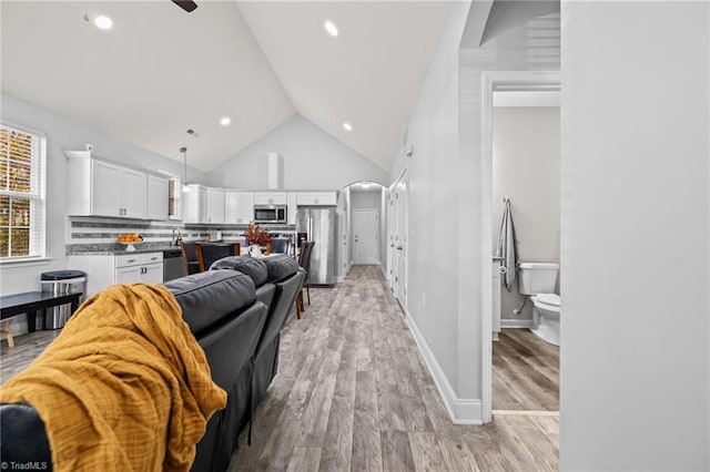 living room featuring light hardwood / wood-style floors and high vaulted ceiling