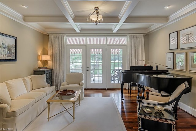 925 Salem Glen Ct, Clemmons, NC 27012 - sitting room with wood finished floors, beam ceiling, plenty of natural light, coffered ceiling, and ornamental molding
