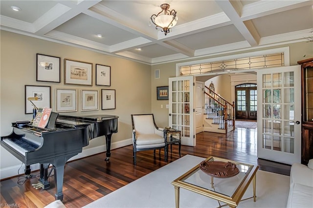 925 Salem Glen Ct, Clemmons, NC 27012 - sitting room with french doors, arched walkways, wood finished floors, coffered ceiling, and beam ceiling