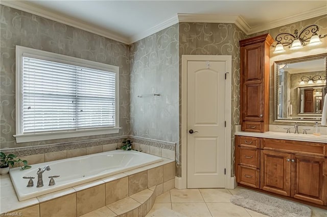 925 Salem Glen Ct, Clemmons, NC 27012 - bathroom featuring a garden tub, vanity, crown molding, plenty of natural light, and wallpapered walls