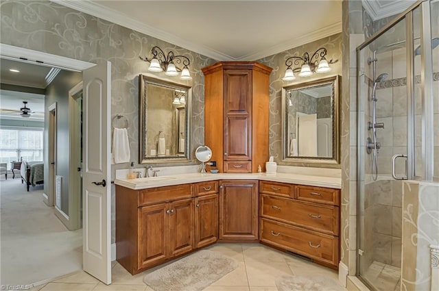 925 Salem Glen Ct, Clemmons, NC 27012 - bathroom with crown molding, vanity, a shower stall, tile patterned flooring, and connected bathroom