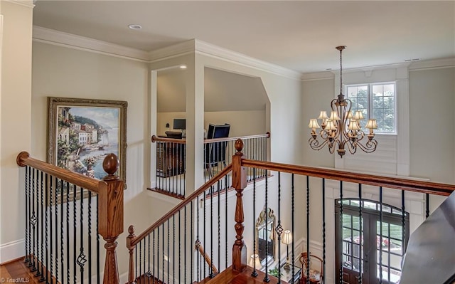 925 Salem Glen Ct, Clemmons, NC 27012 - hallway with a chandelier, an upstairs landing, wood finished floors, ornamental molding, and recessed lighting