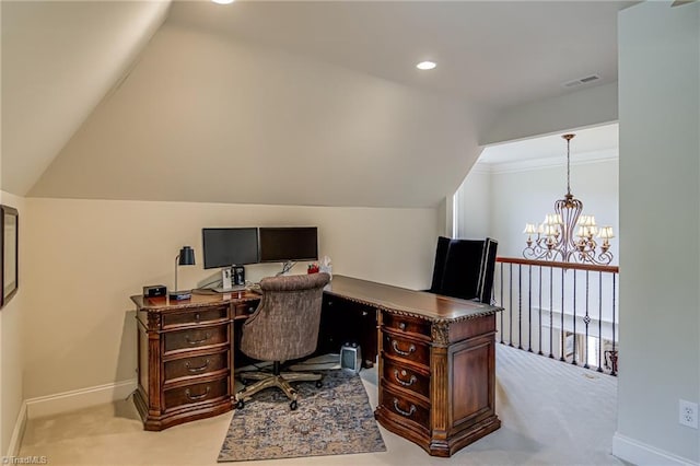 925 Salem Glen Ct, Clemmons, NC 27012 - office area with light carpet, lofted ceiling, a chandelier, and recessed lighting