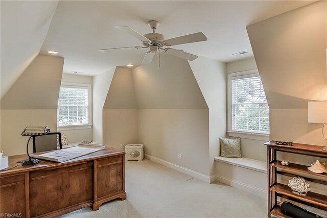 925 Salem Glen Ct, Clemmons, NC 27012 - office area with a ceiling fan, vaulted ceiling, and light carpet
