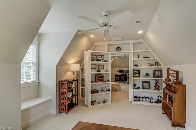 925 Salem Glen Ct, Clemmons, NC 27012 - sitting room with a ceiling fan, built in features, carpet, vaulted ceiling, and recessed lighting