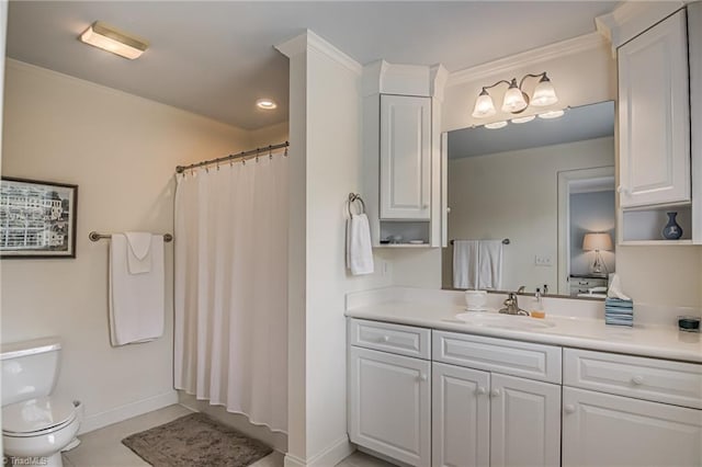 925 Salem Glen Ct, Clemmons, NC 27012 - bathroom with vanity, a shower with curtain, ornamental molding, and tile patterned flooring