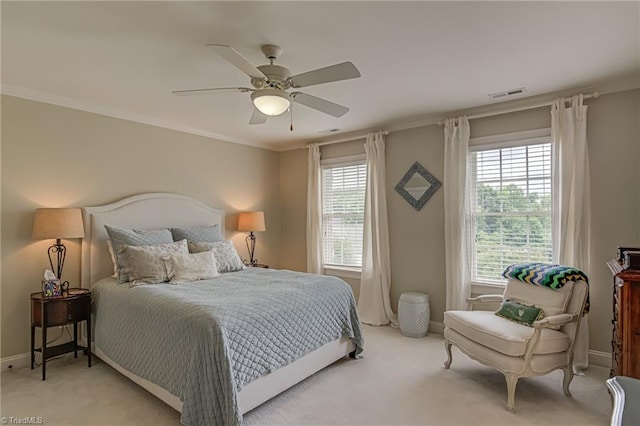 925 Salem Glen Ct, Clemmons, NC 27012 - bedroom featuring multiple windows, light carpet, ornamental molding, and ceiling fan