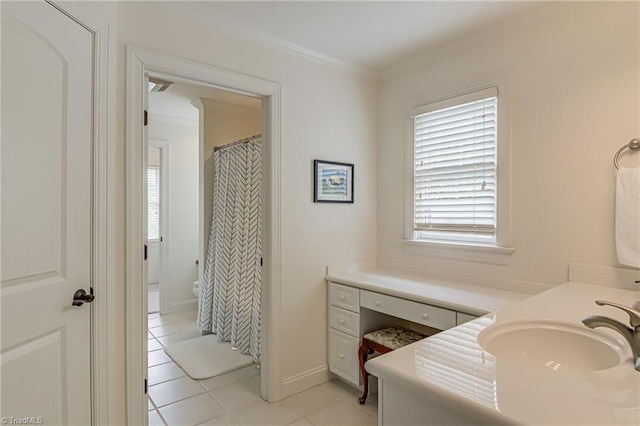 925 Salem Glen Ct, Clemmons, NC 27012 - full bath with tile patterned floors, vanity, a shower with curtain, and crown molding