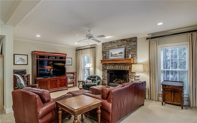 925 Salem Glen Ct, Clemmons, NC 27012 - living room featuring crown molding, light colored carpet, a ceiling fan, a fireplace, and recessed lighting