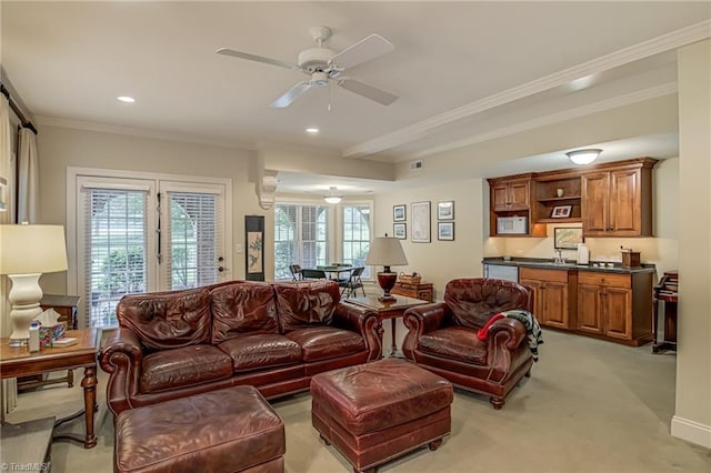 925 Salem Glen Ct, Clemmons, NC 27012 - living area featuring light colored carpet, ornamental molding, recessed lighting, and a ceiling fan