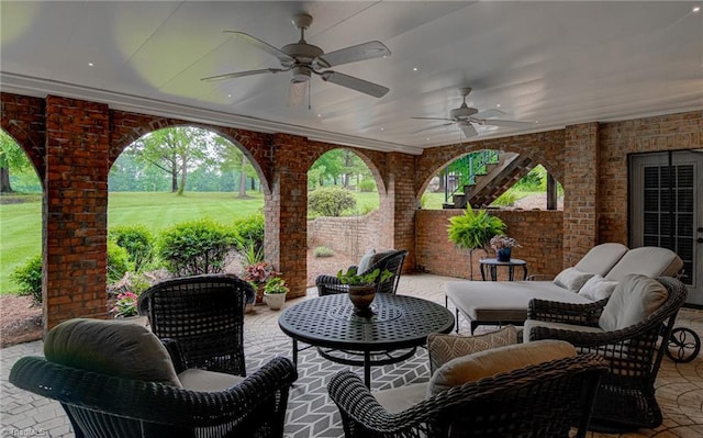925 Salem Glen Ct, Clemmons, NC 27012 - view of patio / terrace with ceiling fan and stairway