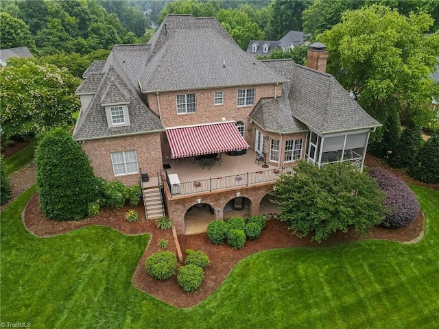 925 Salem Glen Ct, Clemmons, NC 27012 - rear view of property with a deck, a sunroom, stairs, a chimney, and brick siding