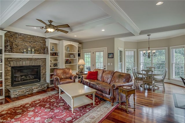 925 Salem Glen Ct, Clemmons, NC 27012 - living room with crown molding, plenty of natural light, wood finished floors, beamed ceiling, and a ceiling fan