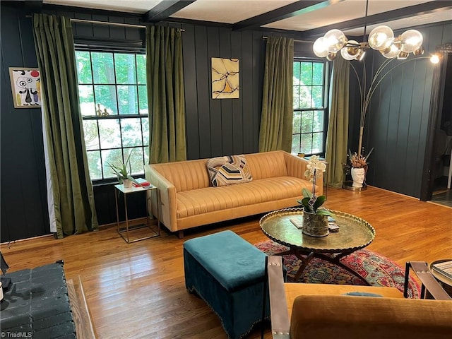 590 Knob View Dr, Winston-Salem, NC 27104 - living room featuring wood finished floors, beamed ceiling, and a chandelier