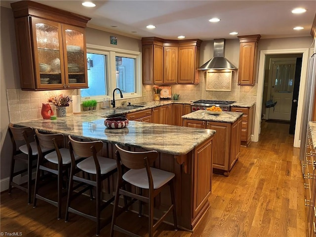 590 Knob View Dr, Winston-Salem, NC 27104 - kitchen featuring wall chimney range hood, light stone countertops, a peninsula, glass insert cabinets, and tasteful backsplash