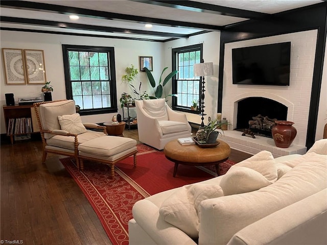 590 Knob View Dr, Winston-Salem, NC 27104 - living room featuring beam ceiling, hardwood / wood-style flooring, a brick fireplace, and recessed lighting