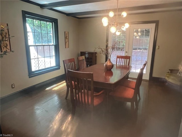 590 Knob View Dr, Winston-Salem, NC 27104 - dining room featuring a chandelier, wood finished floors, and beam ceiling