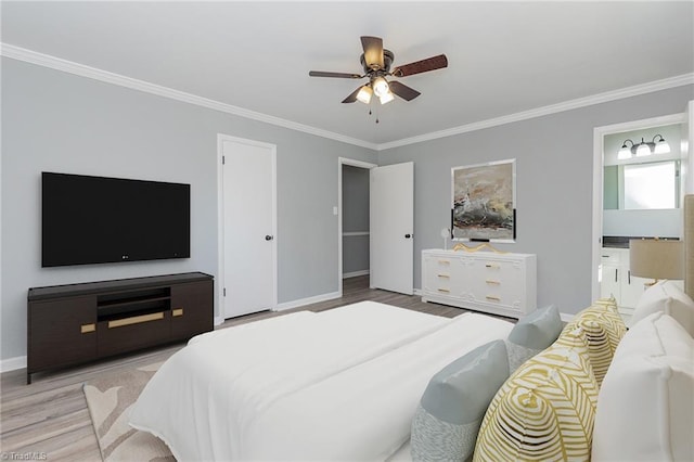 bedroom featuring connected bathroom, ceiling fan, ornamental molding, and light wood-type flooring