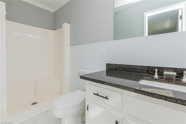 bathroom with a shower, vanity, toilet, and ornamental molding