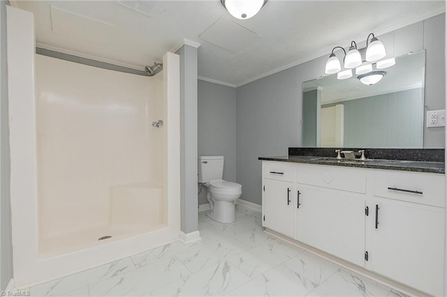 bathroom featuring vanity, crown molding, a shower, and toilet