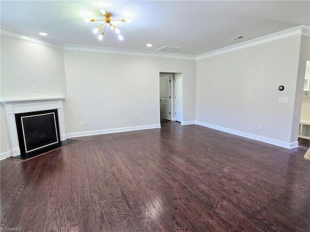 unfurnished living room with a chandelier, ornamental molding, and dark wood-type flooring