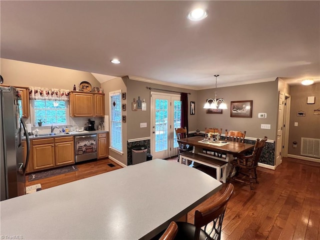 kitchen with a healthy amount of sunlight, stainless steel appliances, sink, and dark hardwood / wood-style flooring