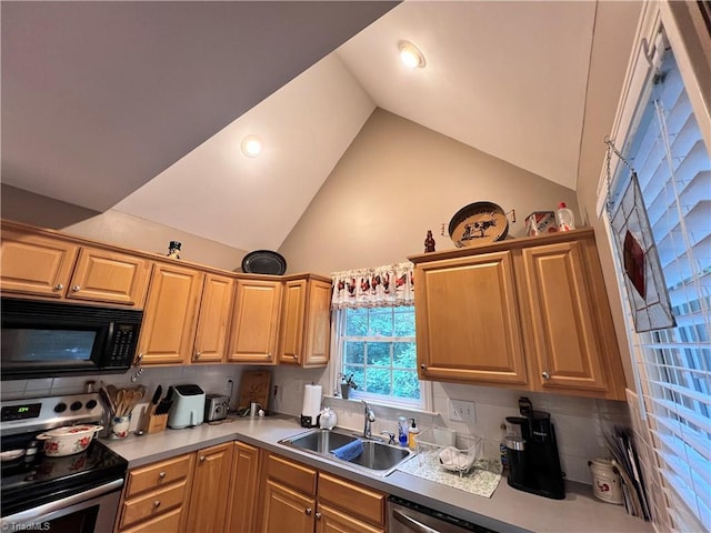 kitchen with stainless steel appliances, sink, and high vaulted ceiling