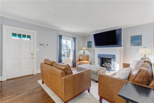 living room featuring wood-type flooring and crown molding