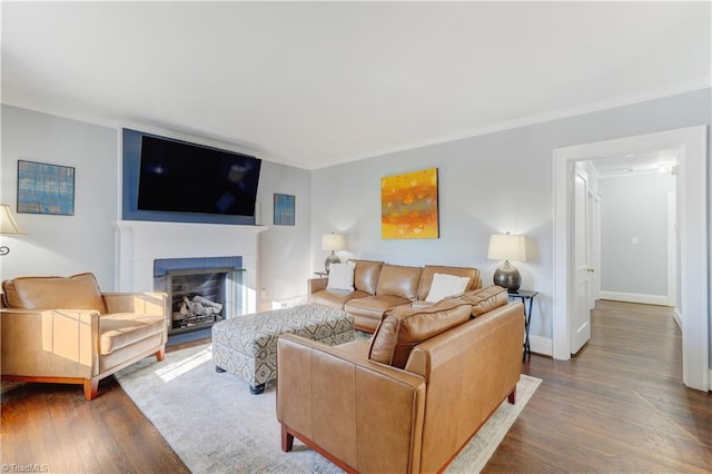 living room featuring crown molding and dark wood-type flooring