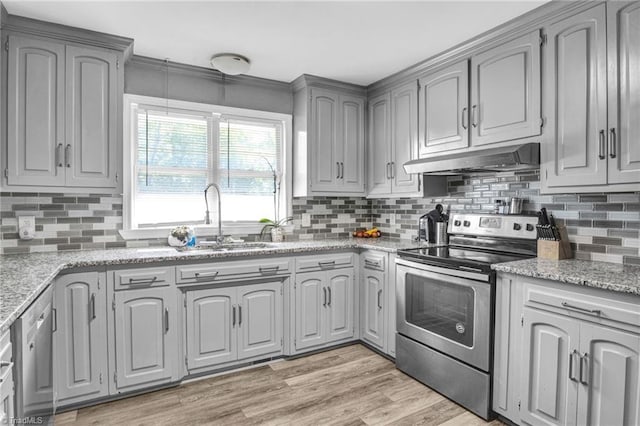 kitchen featuring electric stove, light stone countertops, sink, and decorative backsplash