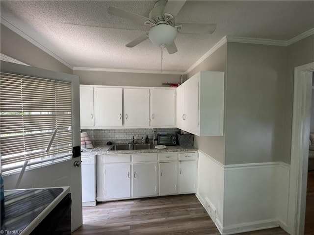 2820 Shady Lawn Dr, Greensboro, NC 27408 - kitchen featuring wood finished floors, a ceiling fan, decorative backsplash, white dishwasher, and white cabinetry