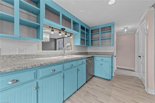 kitchen with open shelves, stainless steel dishwasher, a sink, and blue cabinets